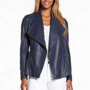 Via Spiga Blue Leather & Knit Peplum-Back Moto Jacket Size M